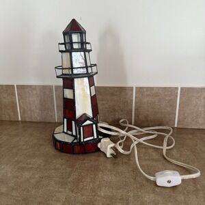 Vintage Stained Glass Lighthouse Table Lamp Red And White Tiffany Style 10" Tall
